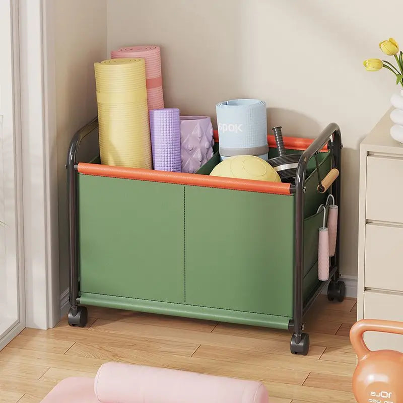 Clarify.pk green rolling storage cart with wheels neatly holding yoga mats and fitness accessories