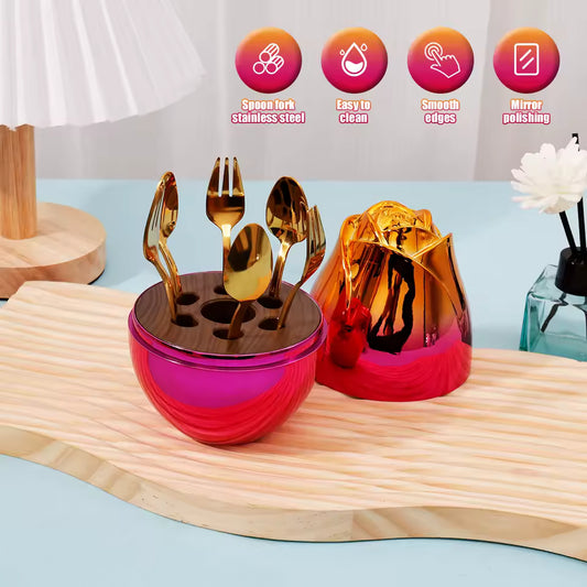 6 piece dinnerware set with case featuring gold utensils with smooth edges and mirror polishing