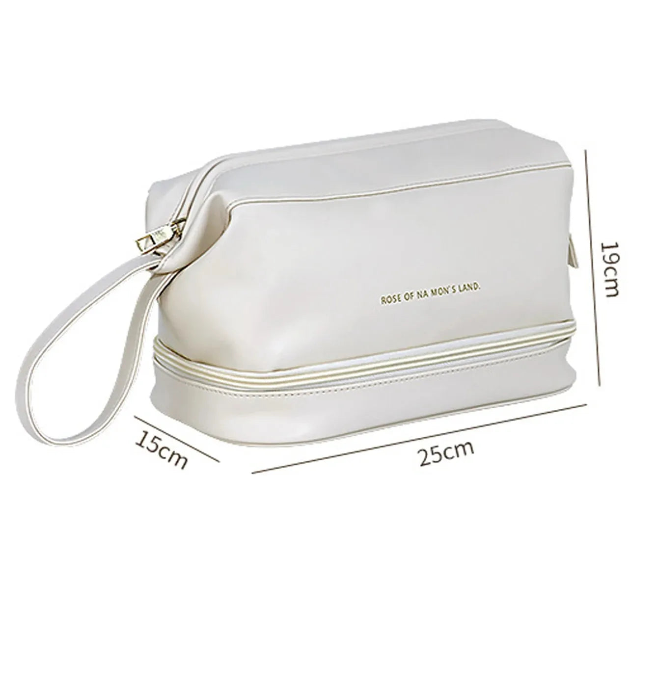 White PU leather travel makeup bag with wrist strap and zipper closure, dimensions 25cm by 15cm by 19cm