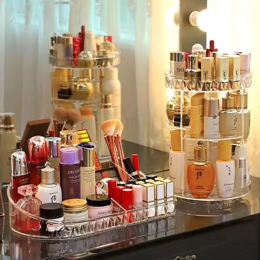 Rotating cosmetic storage box by Clarify.pk holding various makeup and skincare products on a vanity table