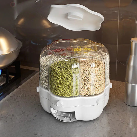 Clarify.pk rotating rice dispenser with multiple compartments for kitchen storage and easy access