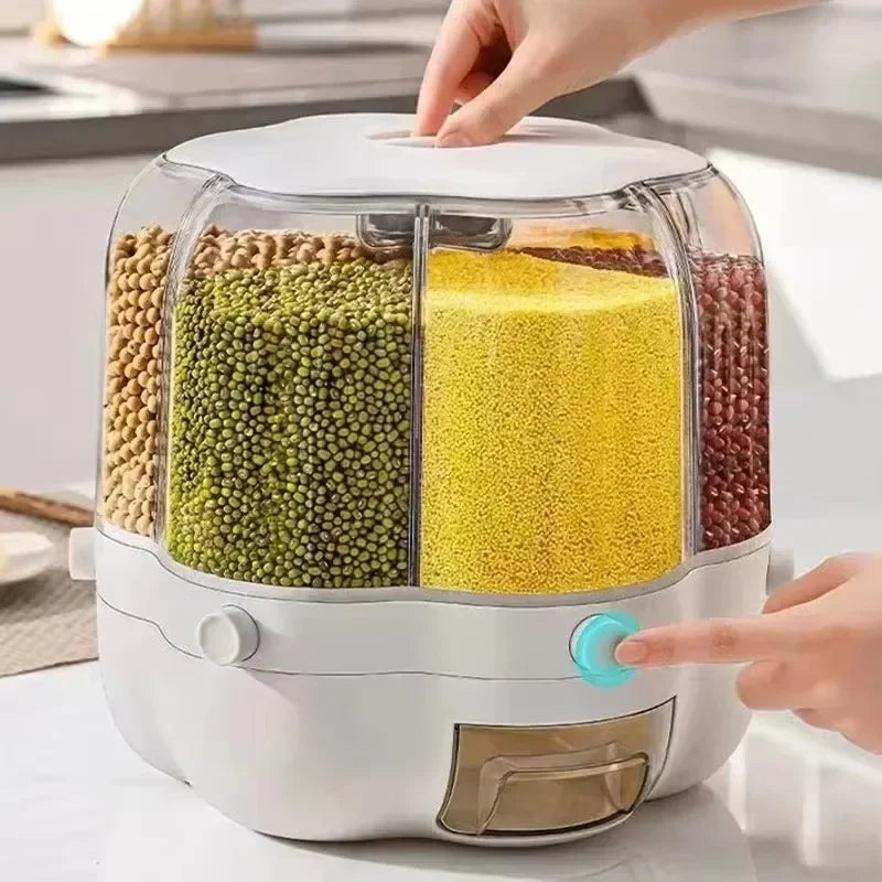 Clarify.pk rotating rice dispenser with multiple compartments for dry grains and easy dispensing