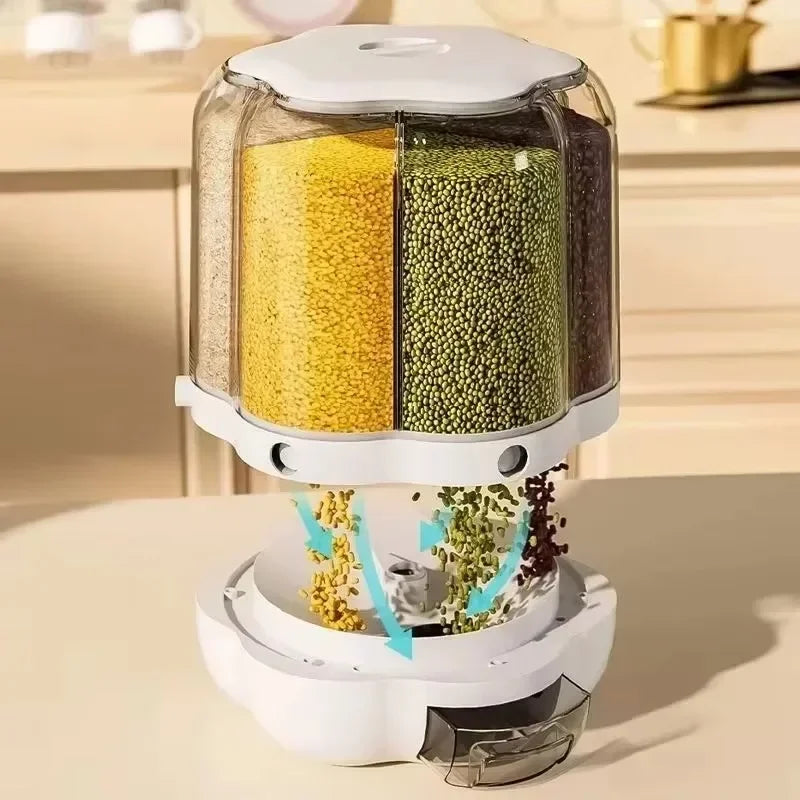 Clarify.pk rotating rice dispenser with multiple compartments for easy storage and dispensing of grains