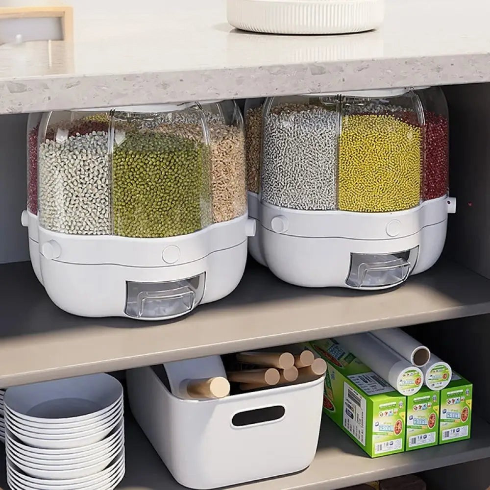 Clarify.pk rotating rice dispenser in white with compartments for different grains under kitchen counter