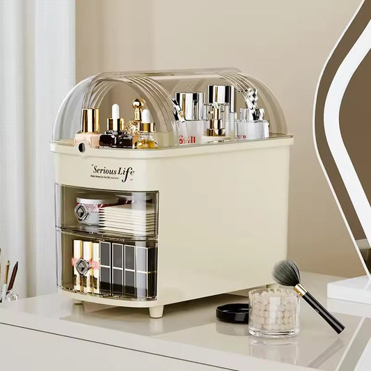 Clarify.pk dustproof cosmetic storage case with clear dome cover and multiple compartments for makeup organization