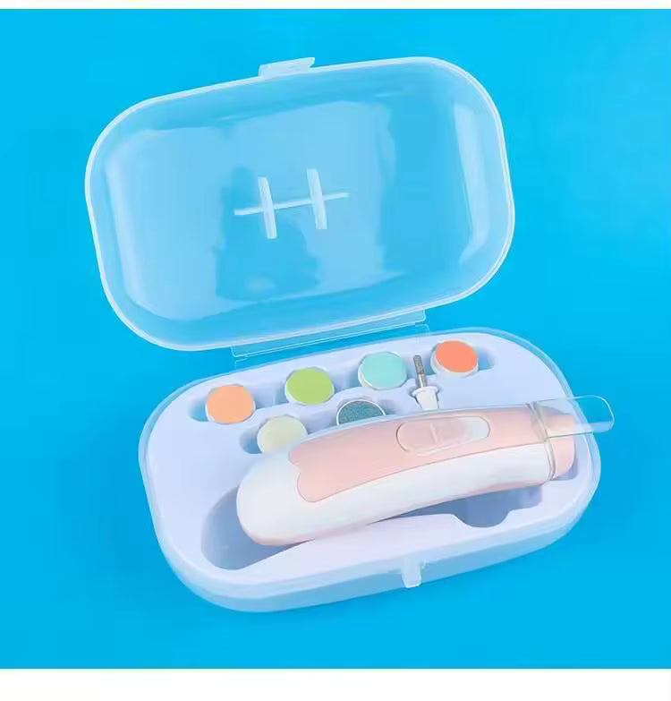 Clarify.pk electric baby nail trimmer set with multiple attachments in a blue storage case