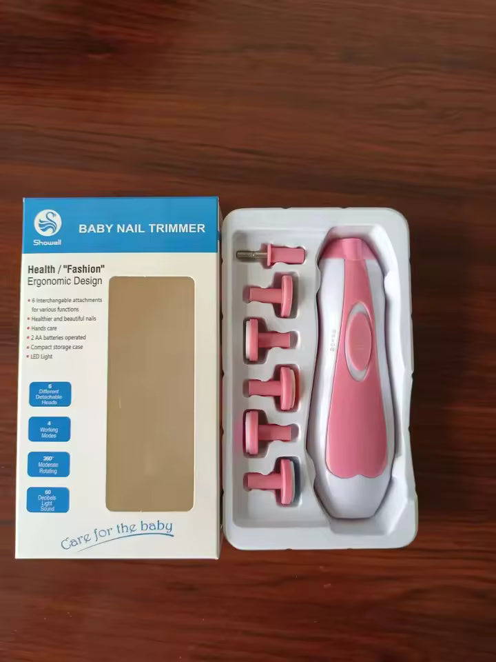 Clarify.pk electric baby nail trimmer set with ergonomic design and multiple attachment heads in pink and white