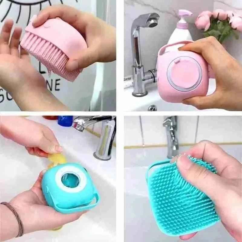Silicone baby bath brush in pink and blue colors showing soft bristles and ergonomic design for gentle baby bath use