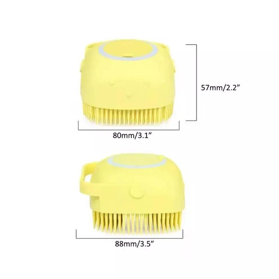 Yellow silicone baby bath brush with soft bristles and dimensions for gentle baby care