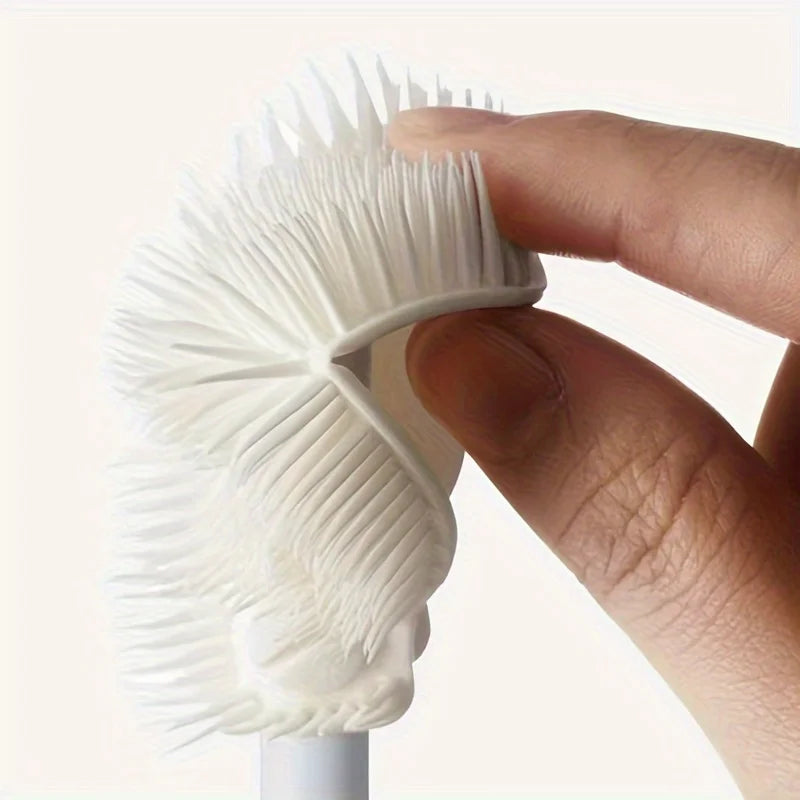 Flexible white silicone bottle cleaning brush being bent by hand for easy cleaning and durability