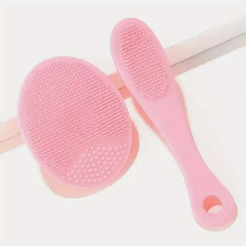 Pink silicone facial brush cleaner set with dual textured pads for effective makeup brush cleaning