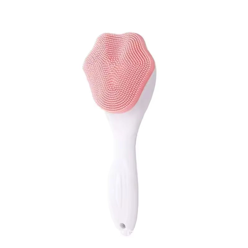 Clarify.pk pink and white silicone facial cleansing brush with soft bristles and ergonomic handle