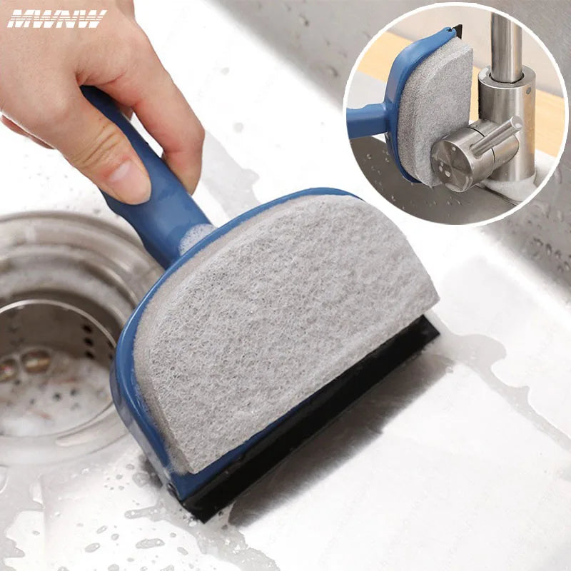 Clarify.pk silicone glass cleaner wiper with blue handle cleaning a wet sink surface