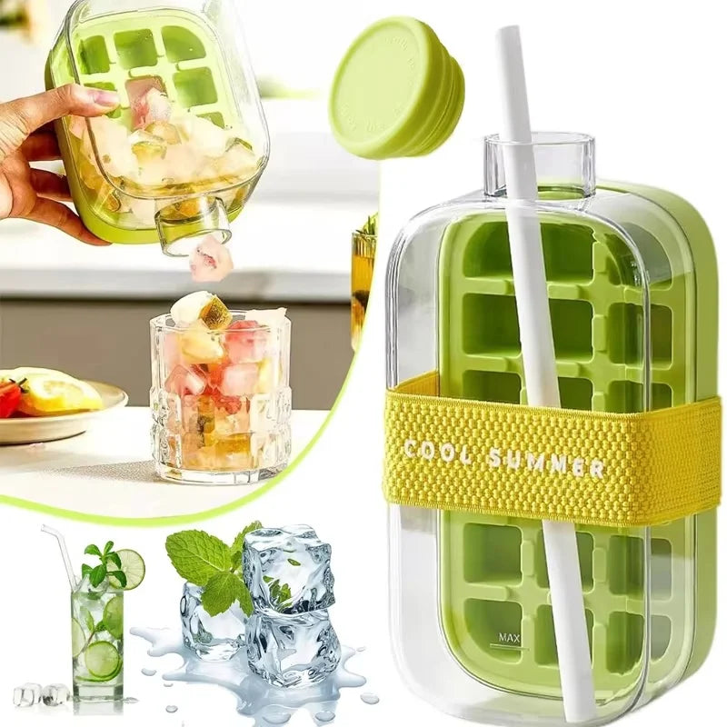 Green silicone ice cube tray with straw and lid in a portable container for making ice cubes