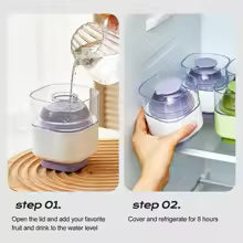 Clarify.pk silicone sphere ice mold showing filling with water and placing in fridge for freezing