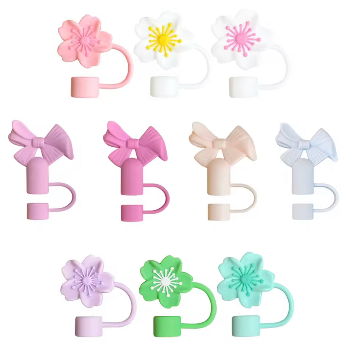 Colorful silicone straw toppers in flower and bow designs for reusable straws