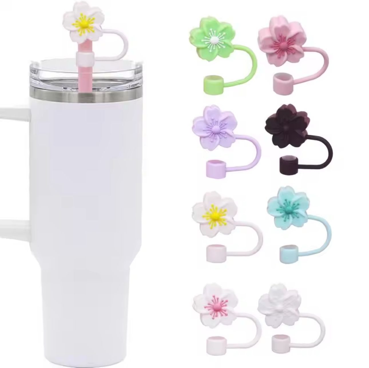Colorful silicone straw toppers in floral designs for cups and tumblers by Clarify.pk