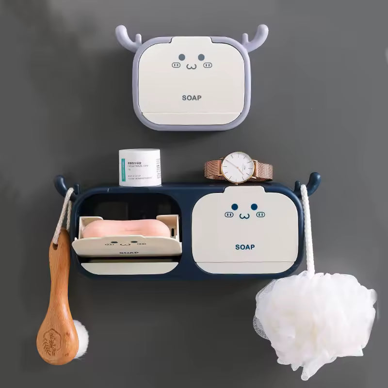 Cute single box wall mounted soap holder with cartoon face design in white and navy blue