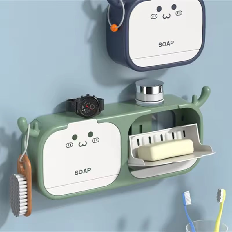 Clarify.pk single box wall mounted soap holder in green and navy with toothbrushes and hygiene items