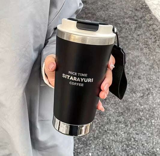 500ml hot and cold water bottle with strap in black stainless steel held in hand