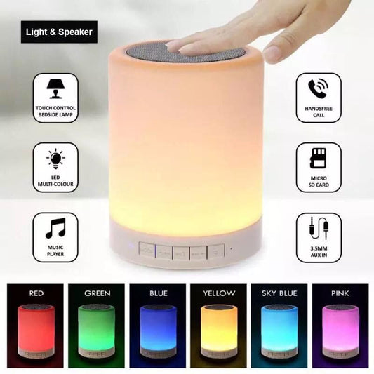 Wireless bluetooth speaker with led lamp showing multicolor light options and touch controls