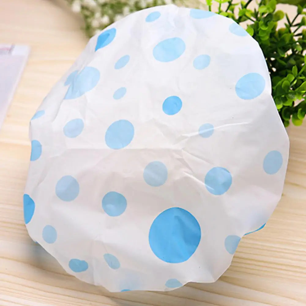 Clarify.pk spa hair salon shower cap in white with blue polka dots, waterproof and reusable