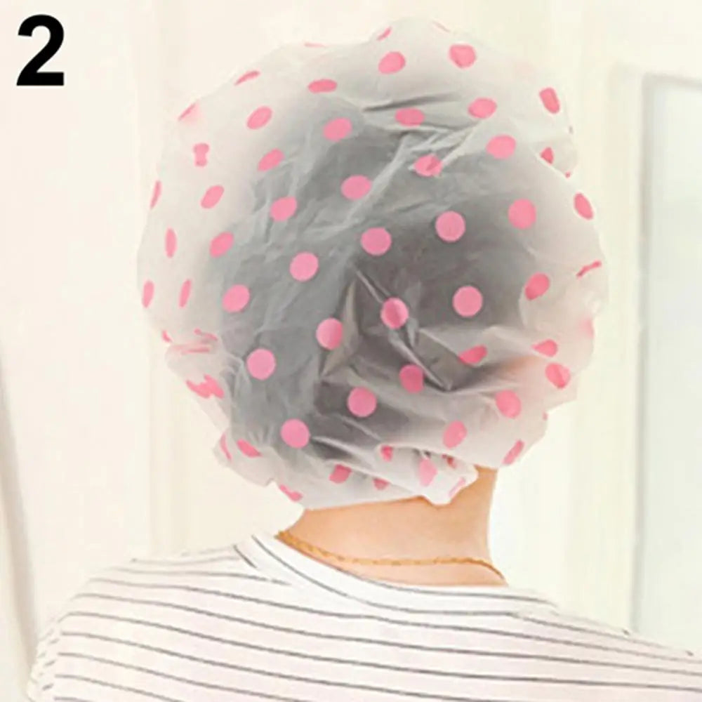 Clarify.pk polka dot spa hair salon shower cap worn on head from back view