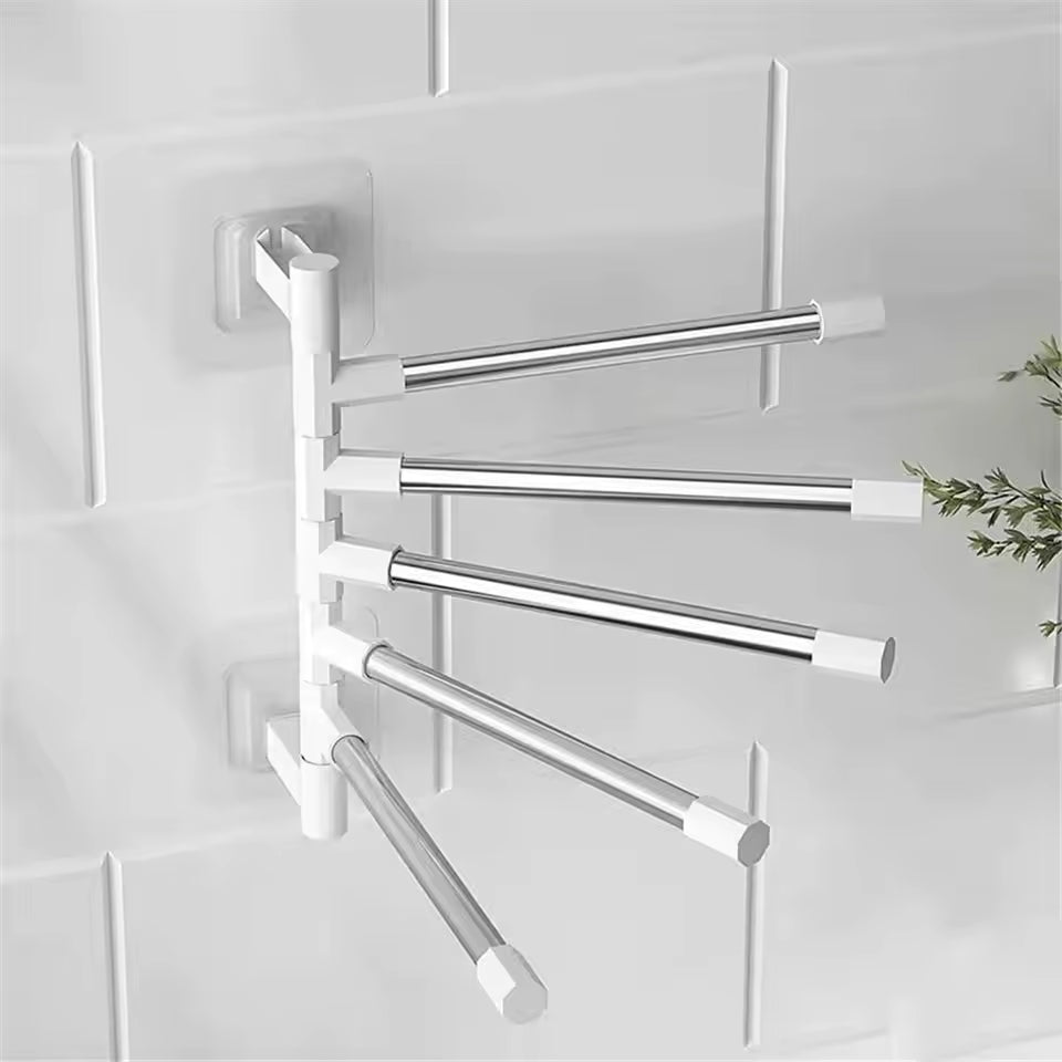 Clarify.pk space saving bathroom towel organizer with five stainless steel arms mounted on white tiled wall