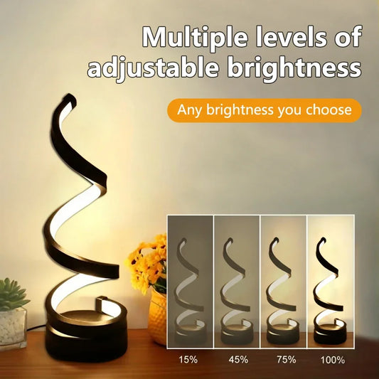 Clarify.pk spiral LED table lamp with multiple levels of adjustable brightness on wooden surface