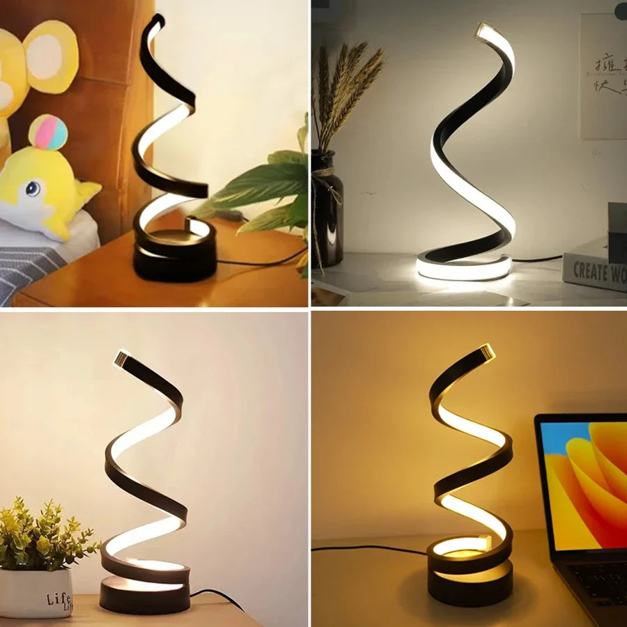 Clarify.pk spiral LED table lamp with modern black spiral design lit on various surfaces