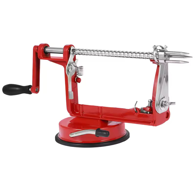 Red spiral vegetable slicer manual with suction base and ergonomic handle for easy peeling and slicing