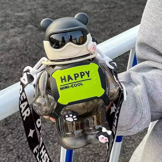 Cute bear-shaped 800ml Sports Water Bottle With Straw featuring playful design and adjustable strap