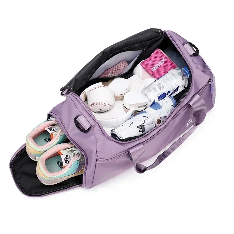 Clarify.pk unisex fitness training bag with shoe compartment in purple, packed with sports gear