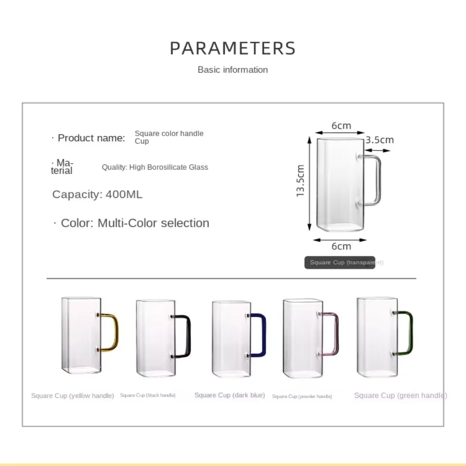Transparent glass bottle square color handle cup made of high borosilicate glass with 400ML capacity