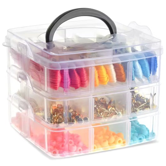 Clarify.pk stackable craft storage box with clear three-tier compartments and black handle