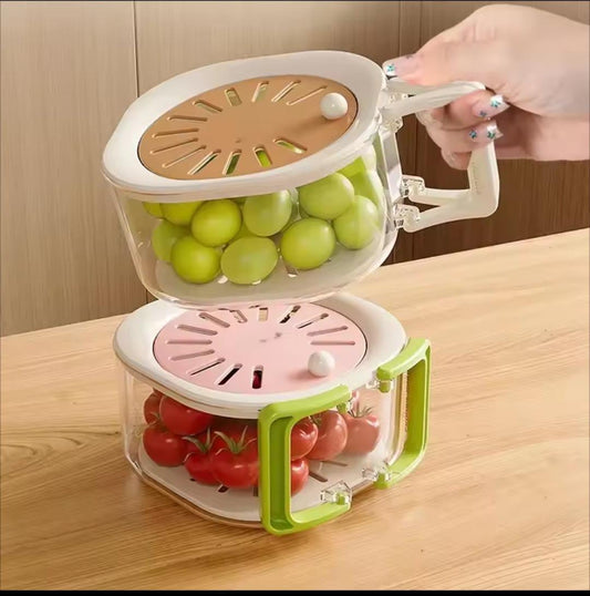 Clarify.pk stackable kitchen storage containers with green grapes and cherry tomatoes on wooden surface