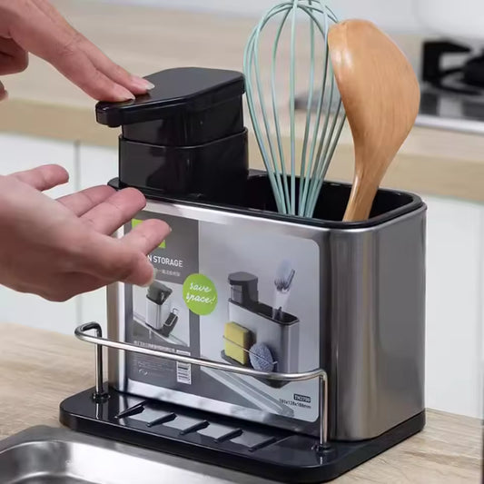 Clarify.pk 3-in-1 sponge holder for sink with soap dispenser and utensil storage in stainless steel