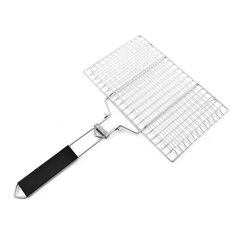 Stainless steel BBQ grill with black handle for grilling food evenly on charcoal or gas grills