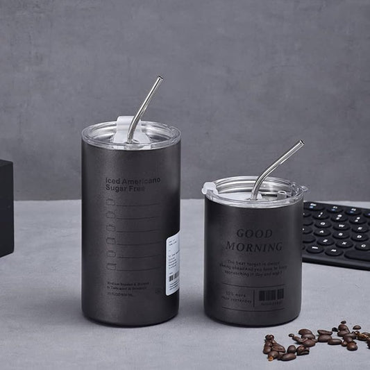 Clarify.pk stainless steel coffee tumbler set with lids and metal straws on gray surface