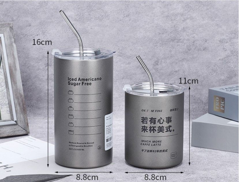 Two stainless steel coffee tumblers with lids and metal straws in different sizes for hot and cold beverages