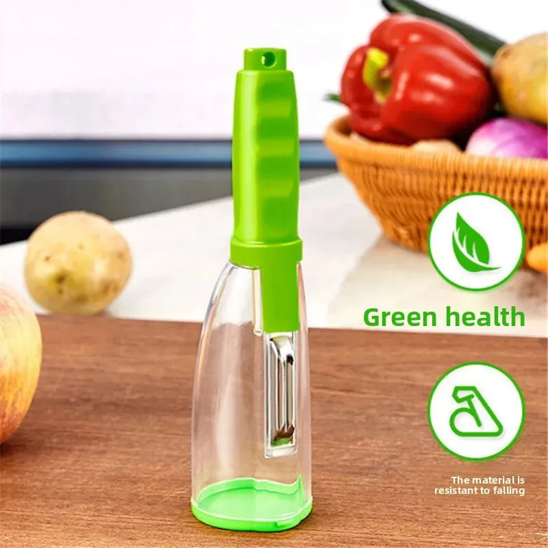 Stainless steel fruit peeler with green handle and transparent storage box for peeling melons and fruits