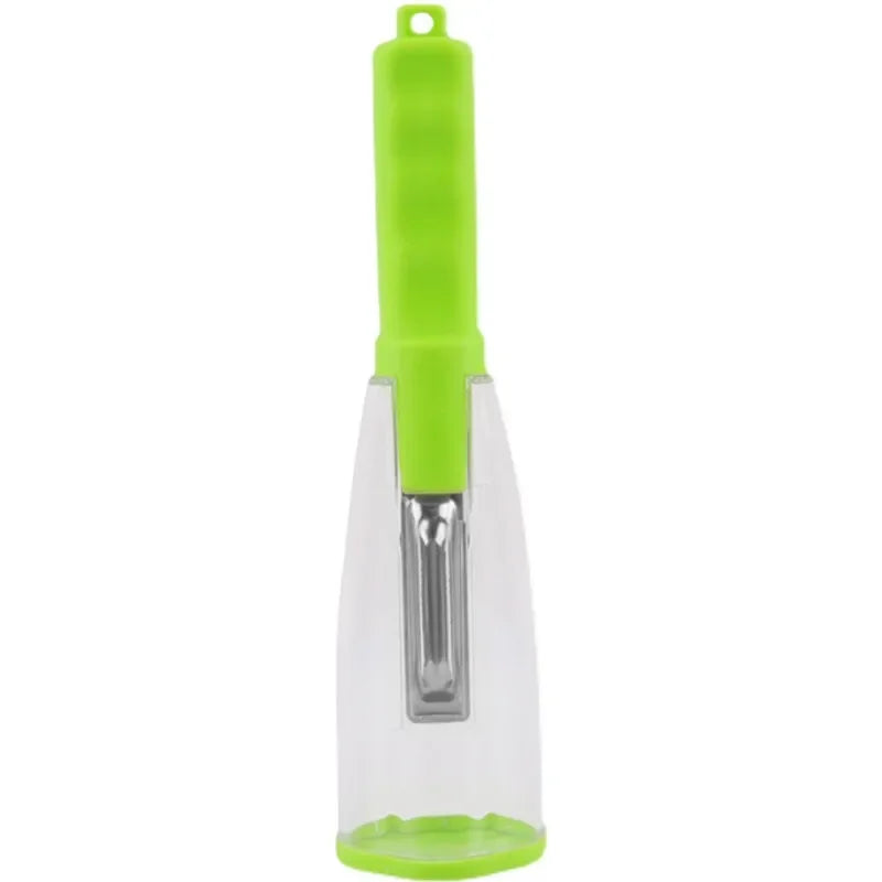 Stainless steel fruit peeler with green handle and transparent protective storage box for home use