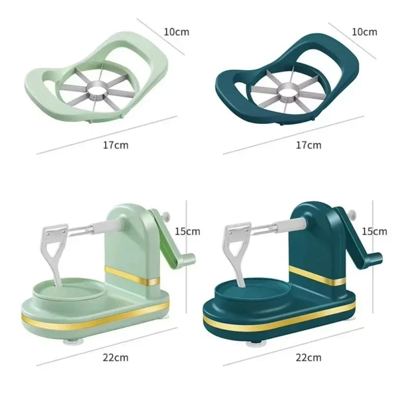 Clarify.pk stainless steel fruit peeler machine in green and blue with manual crank and slicer attachments