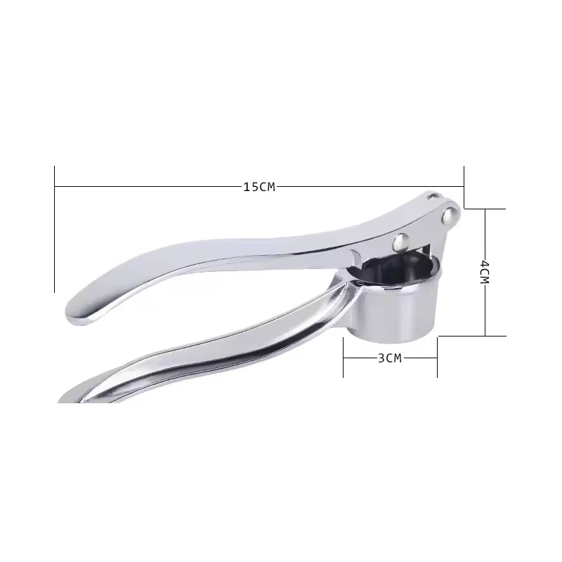 Stainless steel garlic press from Clarify.pk with ergonomic handles and compact design