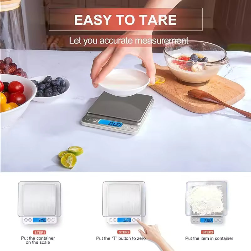 Stainless steel kitchen weighing scale with easy tare function measuring ingredients accurately