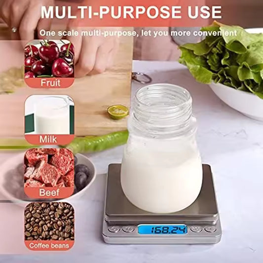 Stainless steel kitchen weighing scale measuring a jar of milk with digital display for multi-purpose use