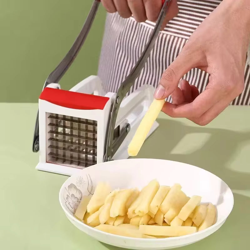 Clarify.pk stainless steel potato cutter slicing potatoes into fries with white and red handle