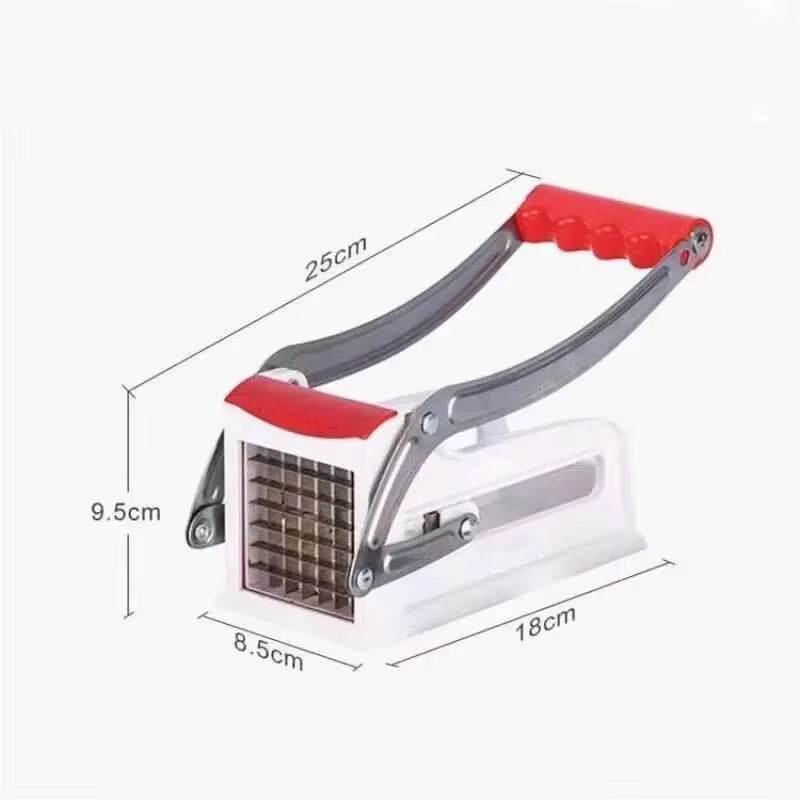 Clarify.pk stainless steel potato cutter with red handle and white base measuring 25 cm long