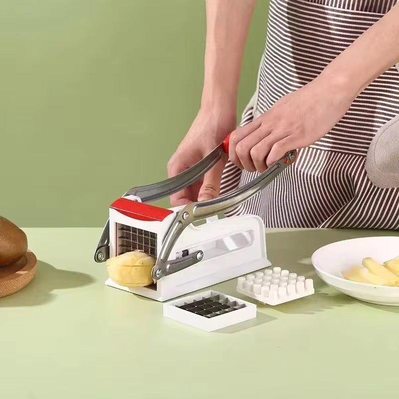 Stainless steel potato cutter with white base and interchangeable blades for slicing potatoes