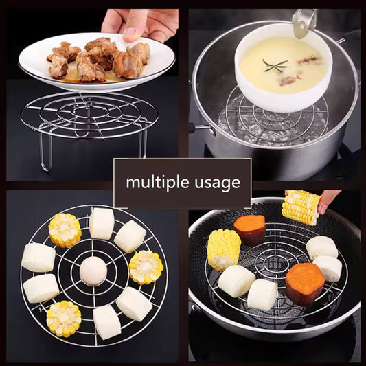 Clarify.pk round trivet rack for cooking shown holding food and a bowl over boiling water in multiple uses